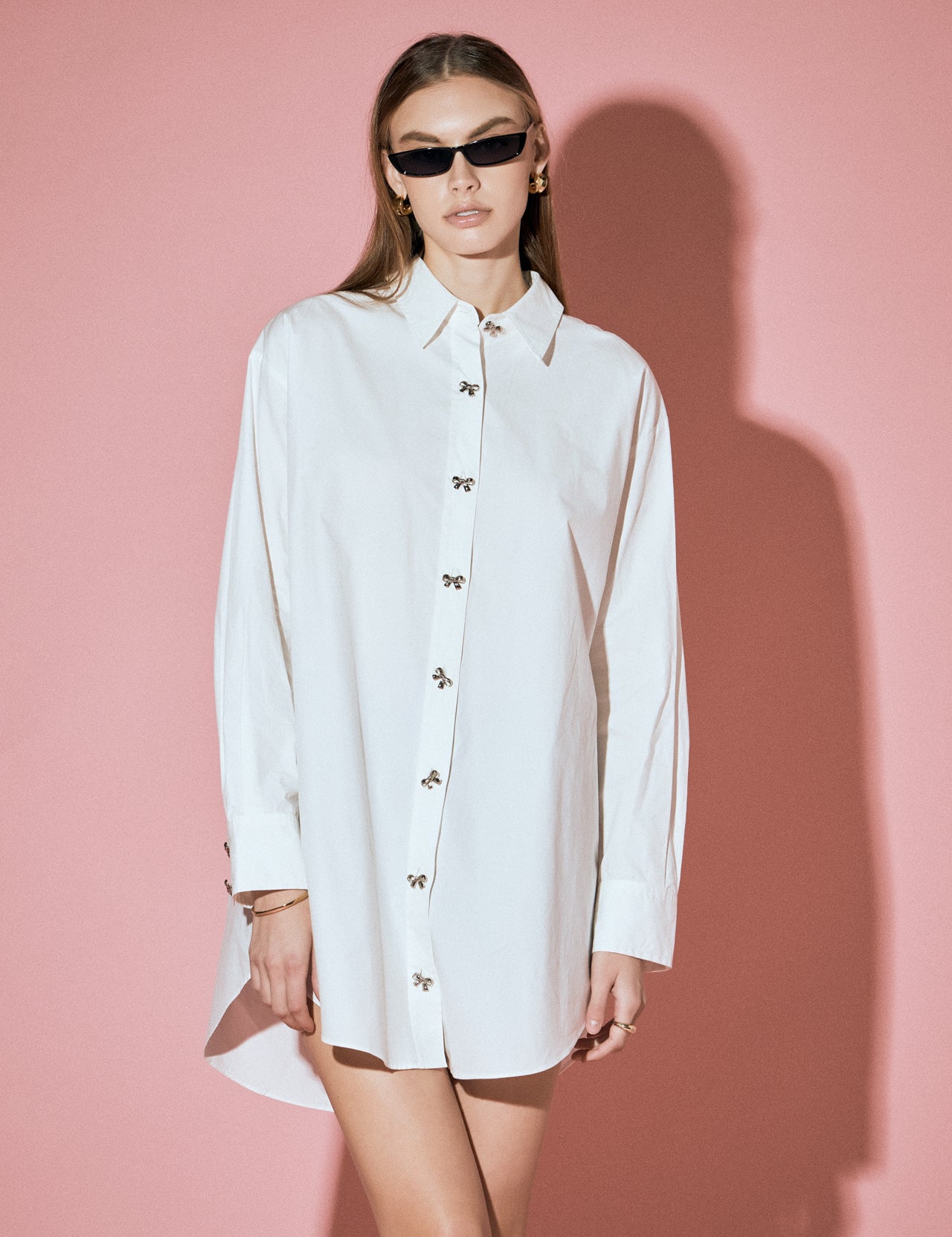 Bow Embellishment Shirt Mini Dress - English Factory