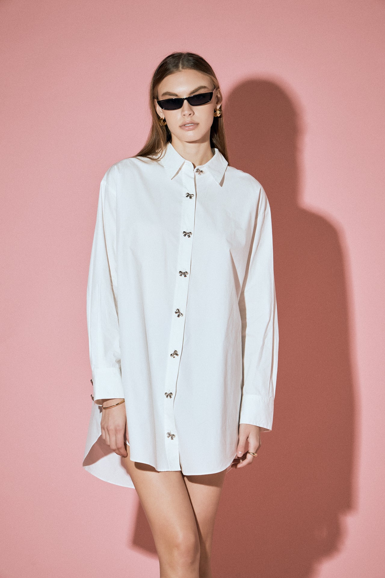 Bow Embellishment Shirt Mini Dress - English Factory