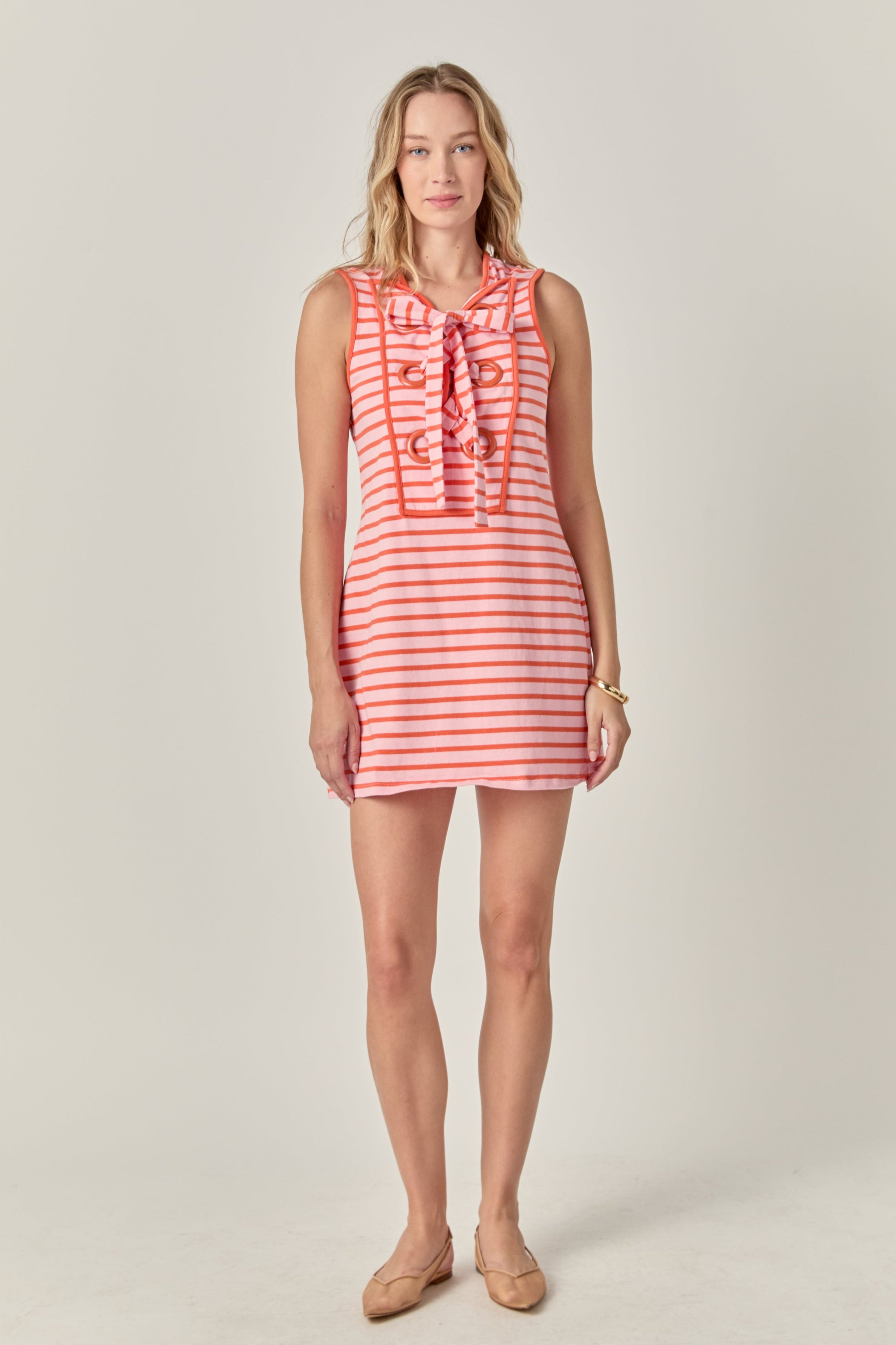 English Factory - Striped Knit Lace Up Dress Pink/Orange / Xs English Factory - Striped Knit Lace Up Dress Pink/Orange / Xs