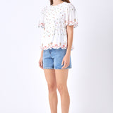 Floral Embroidery Scalloped Top