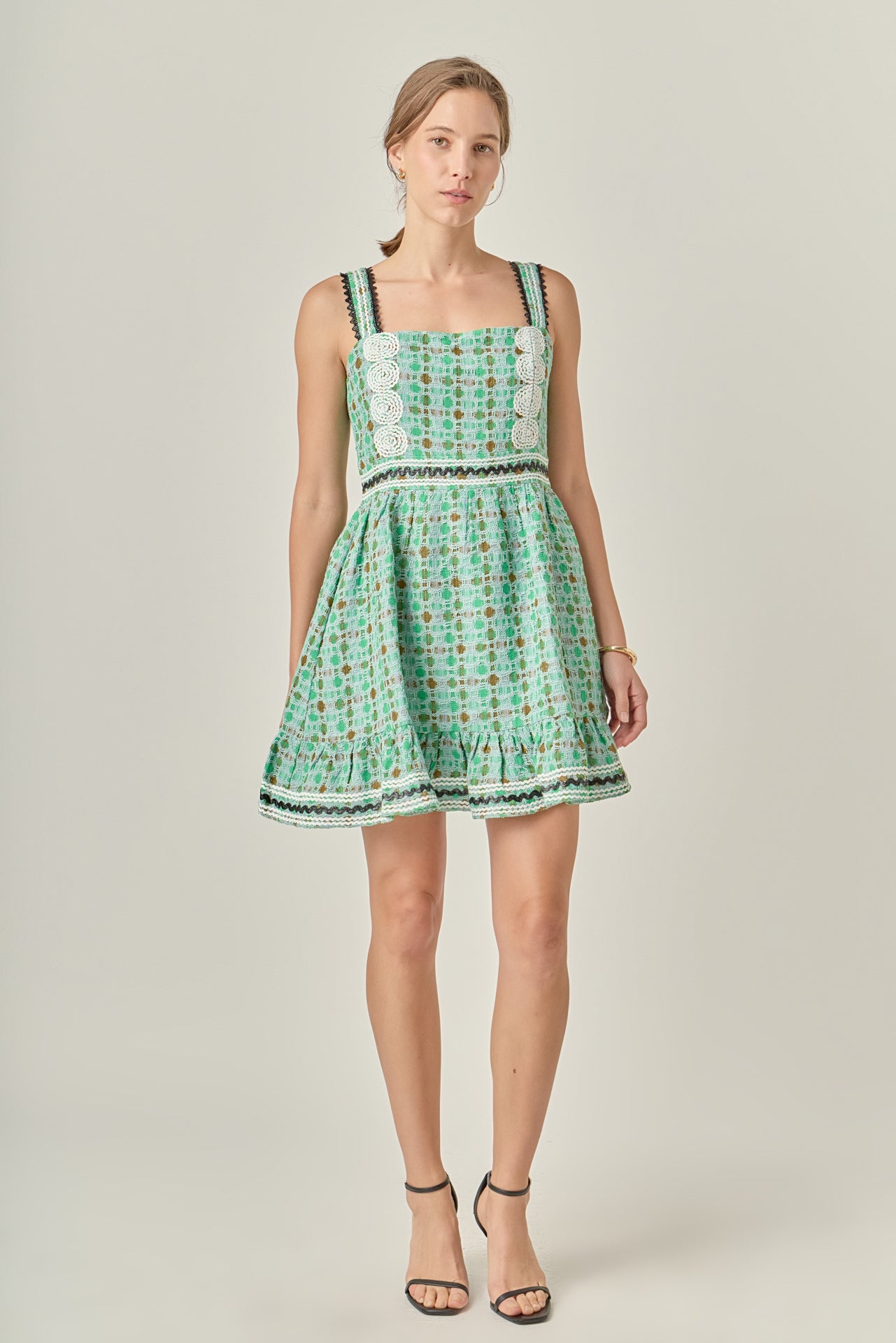 Boucle Square Neck Mini Dress With Ric Rac Trim – English Factory