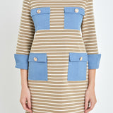 Striped Jersey Knit Dress With Denim Pockets