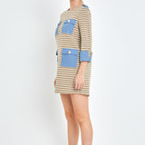 Striped Jersey Knit Dress With Denim Pockets