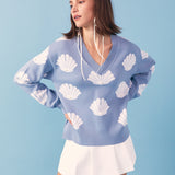 Shell Motif Sweater with Pearl Trim