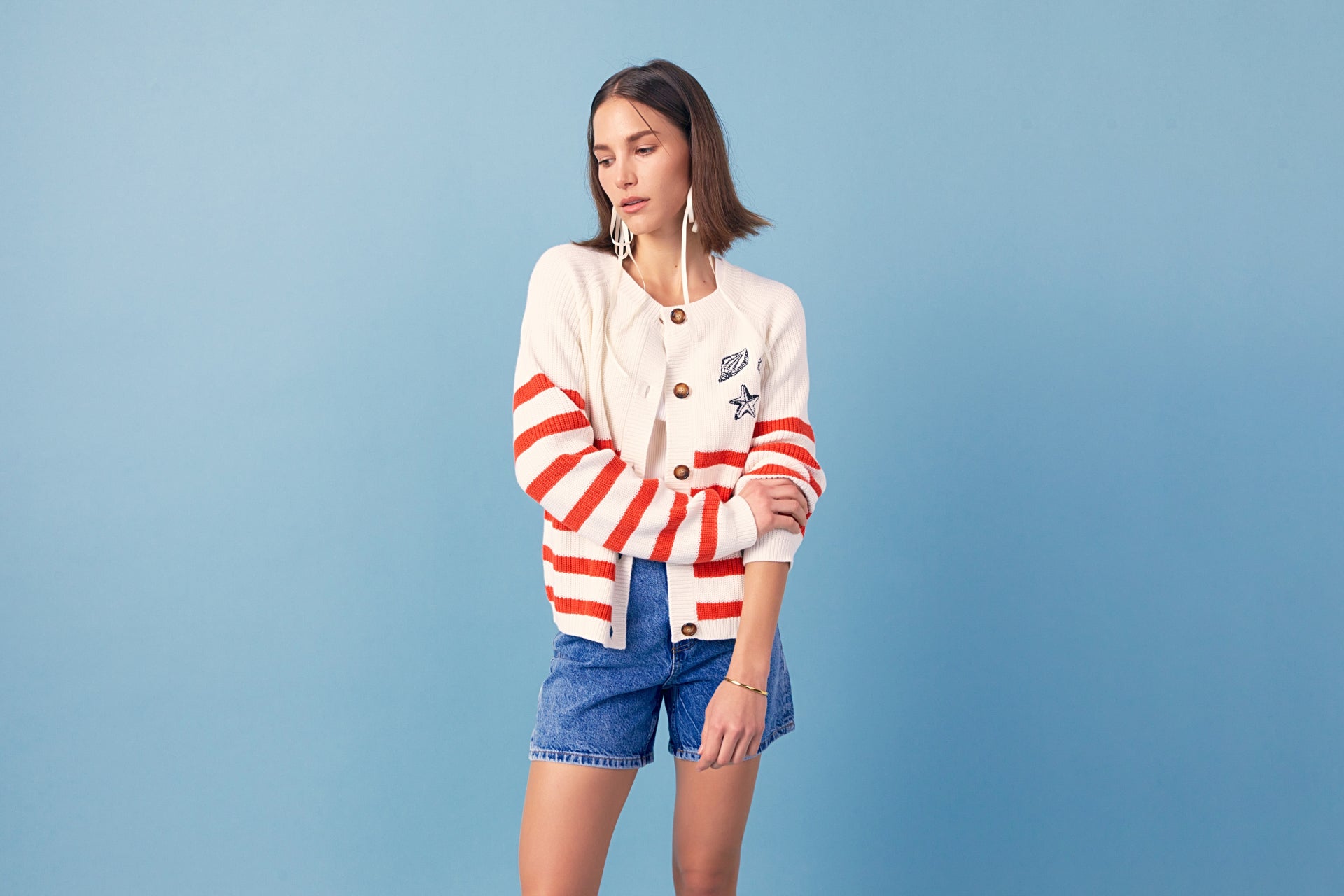 Breton Striped Cardigan with Shell Embroidery Available at English Factory