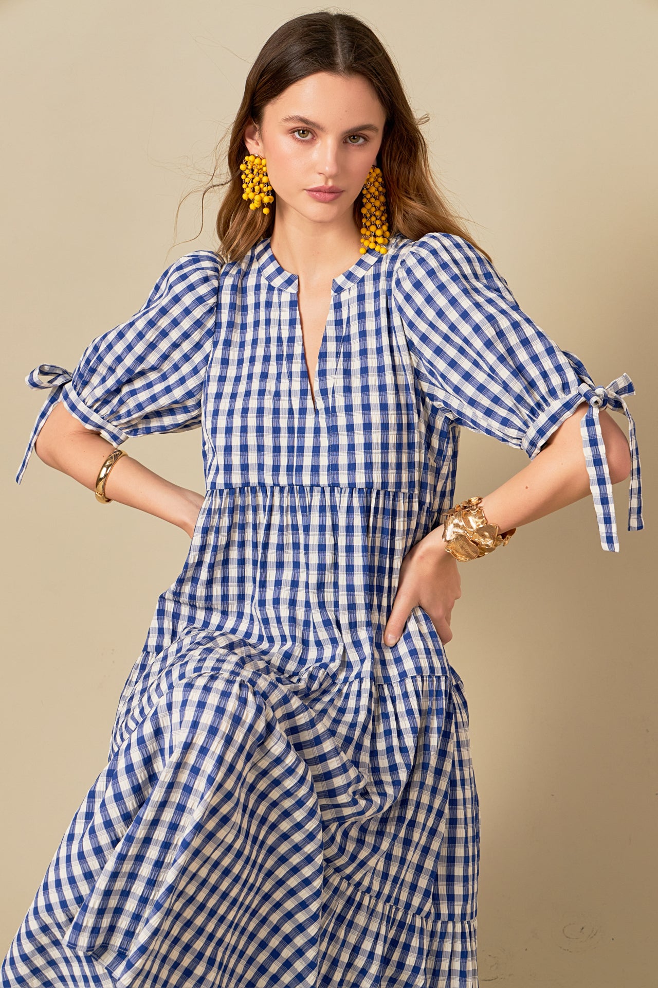 Arden Checked Tiered Midi Dress – English Factory