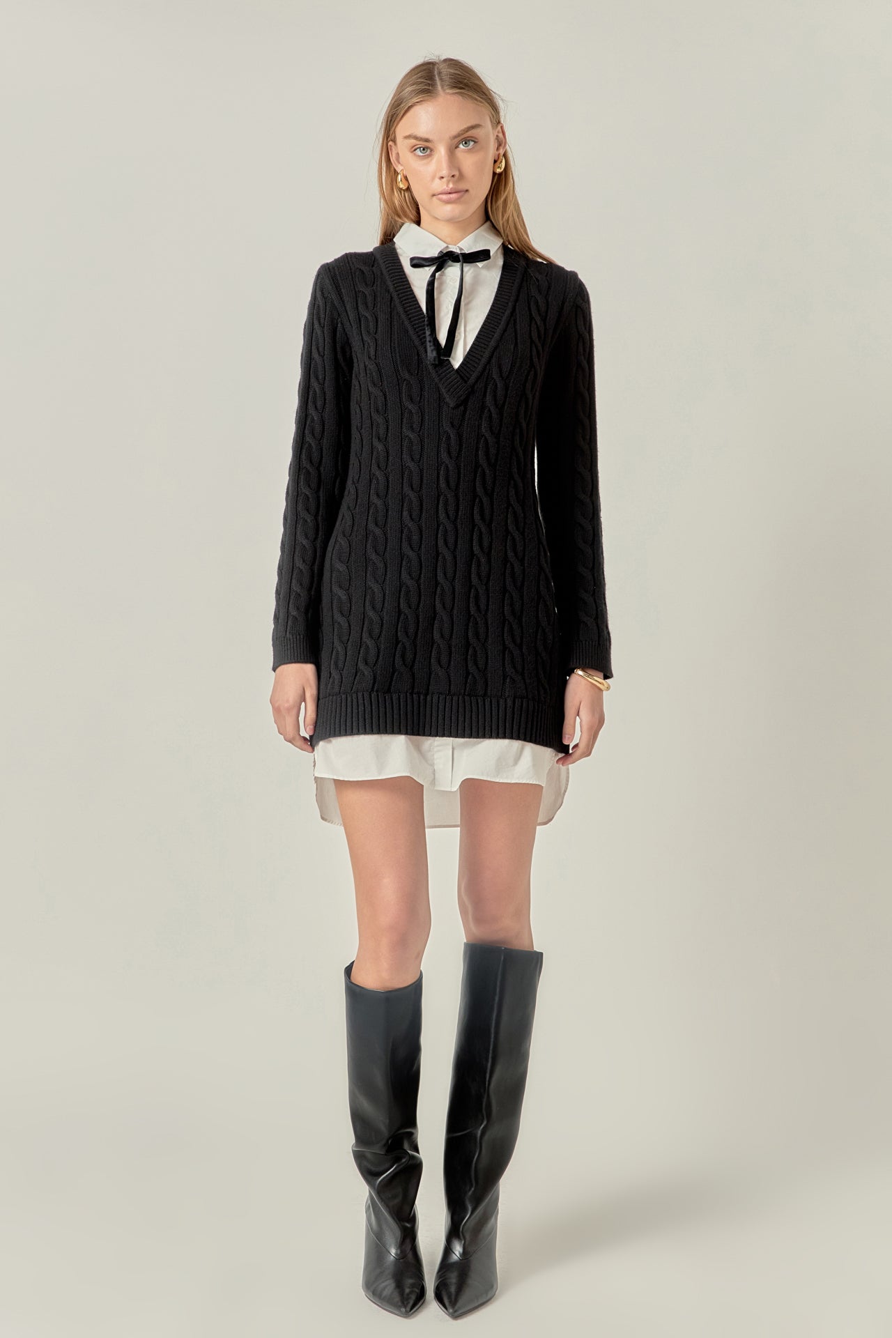 Mixed Media Cable Knit V-Neck Drop Sweater Dress – English