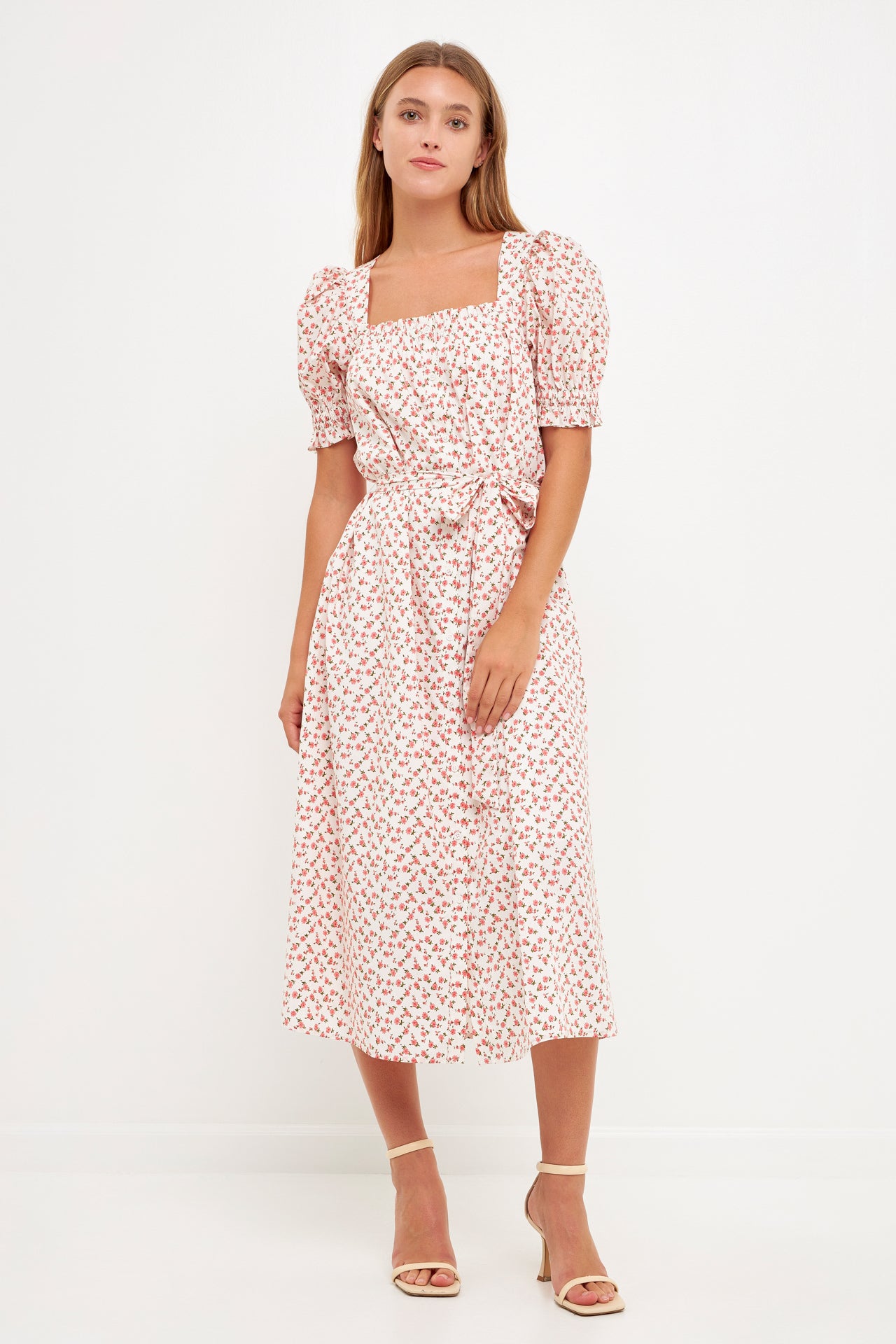 【I AM MARI】Nelphia Puff Flower One Piece Short Puff Sleeve Floral Midi Dress – English Factory