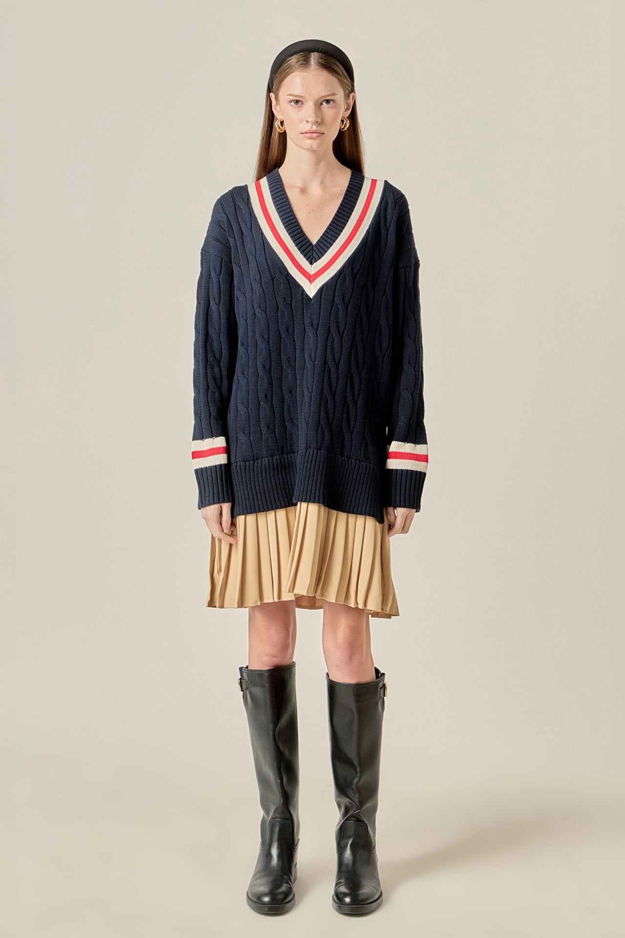 English Factory - Cable Knit Pleated Sweater Dress NAVY MULTI / L English Factory - Cable Knit Pleated Sweater Dress NAVY MULTI / L