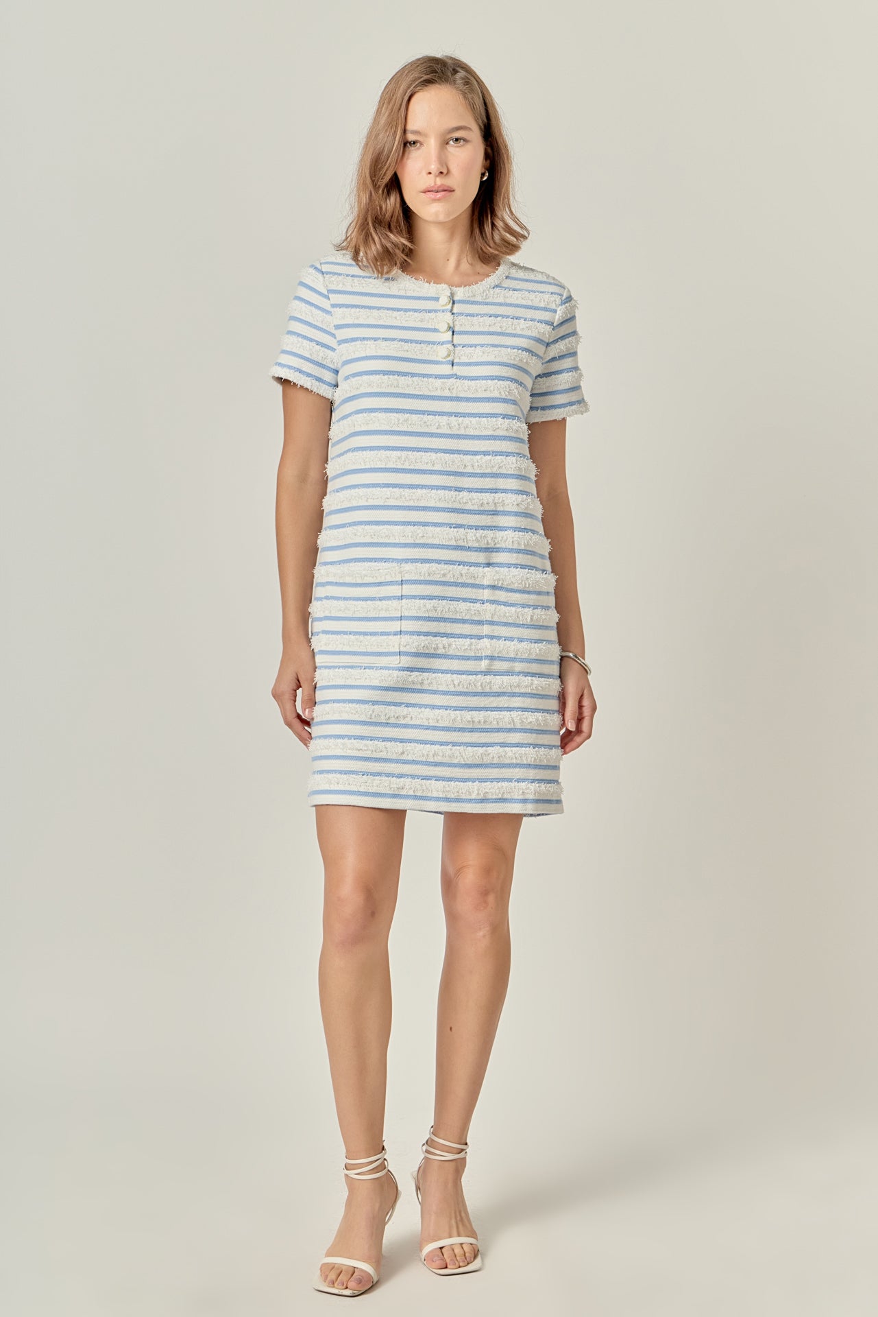English Factory - Fringed Striped Polo Mini Dress WHITE/BLUE / S English Factory - Fringed Striped Polo Mini Dress WHITE/BLUE / S