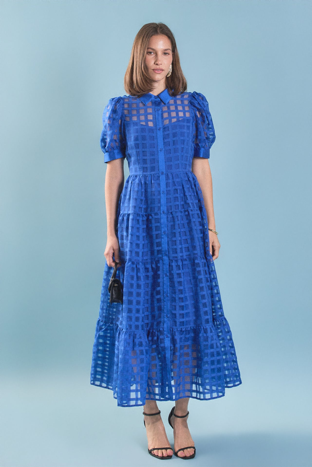 English Factory - Gridded Organza Tiered Maxi Dress Camel / Xs English Factory - Gridded Organza Tiered Maxi Dress Camel / Xs