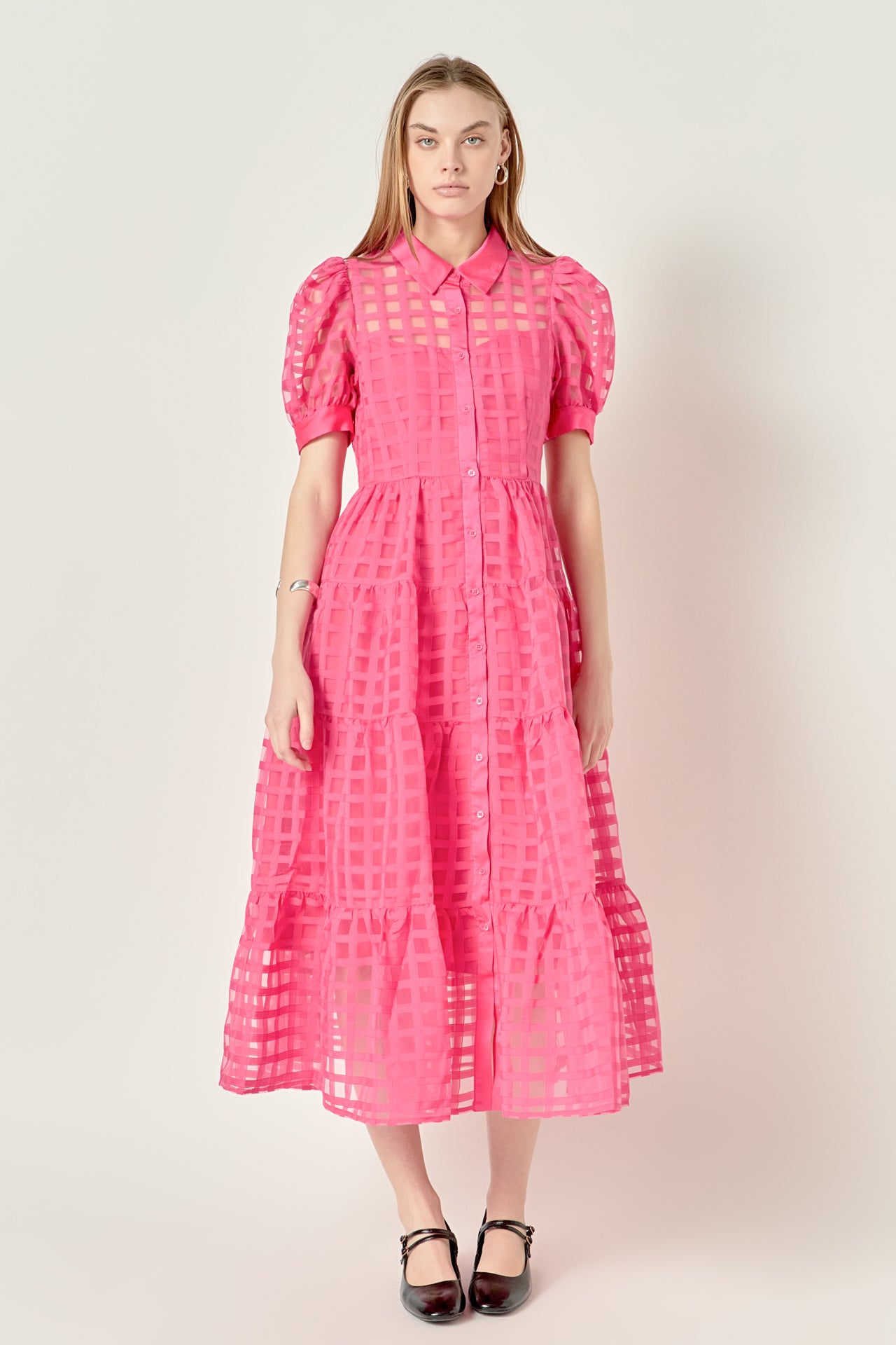 Gridded Organza Tiered Maxi Dress