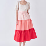 SPO Color Block Puff Sleeve Tiered Midi Dress