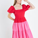 Color Block Puff Sleeve Maxi Dress