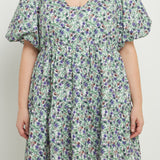 Floral Puff Sleeve Jacquard High Low Dress