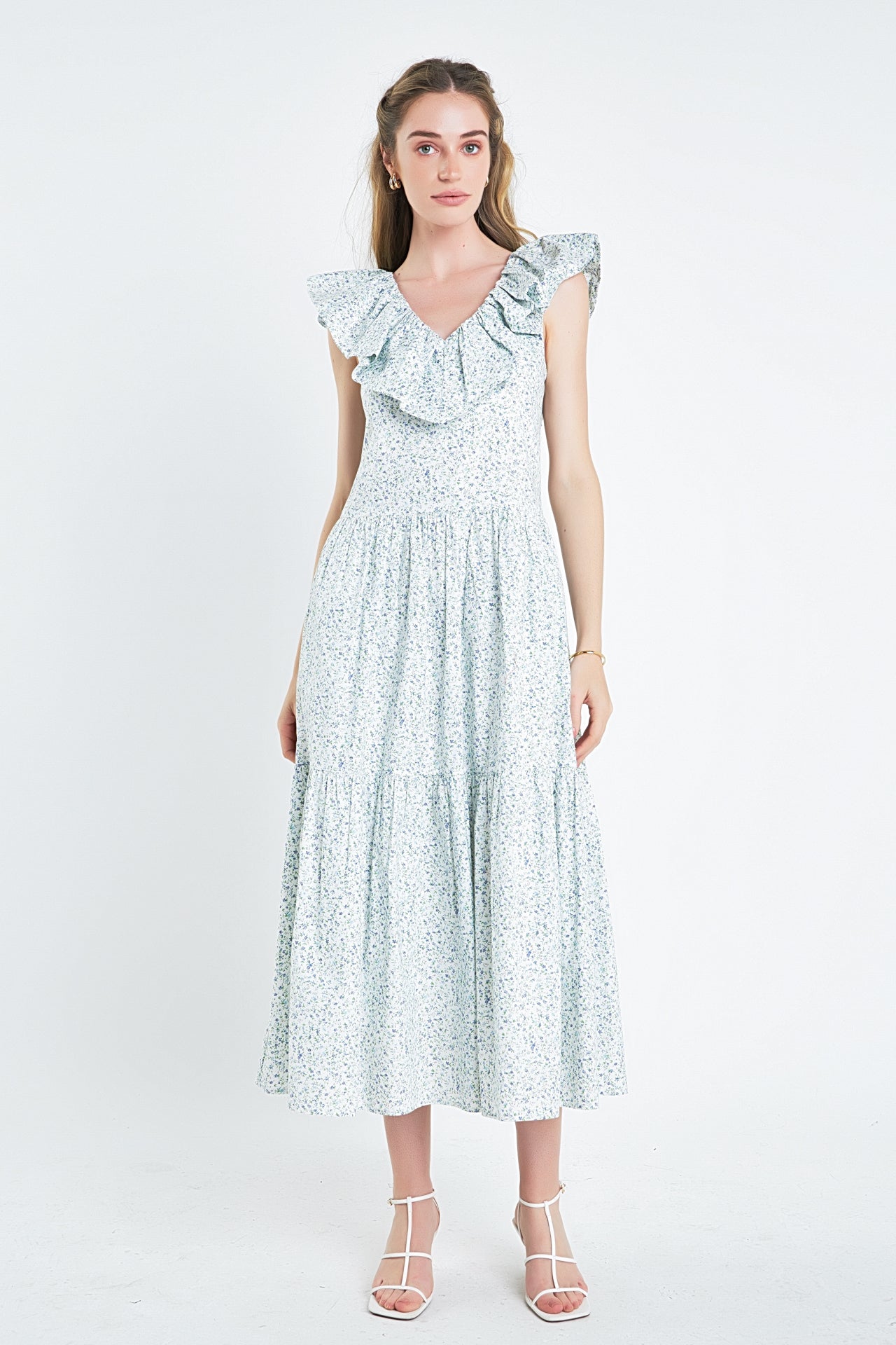 English Factory Women's Ruffled Neck Sleeveless MIDI Dress, S, Beige