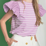 Stripe Knit with Poplin Puff Sleeve Top