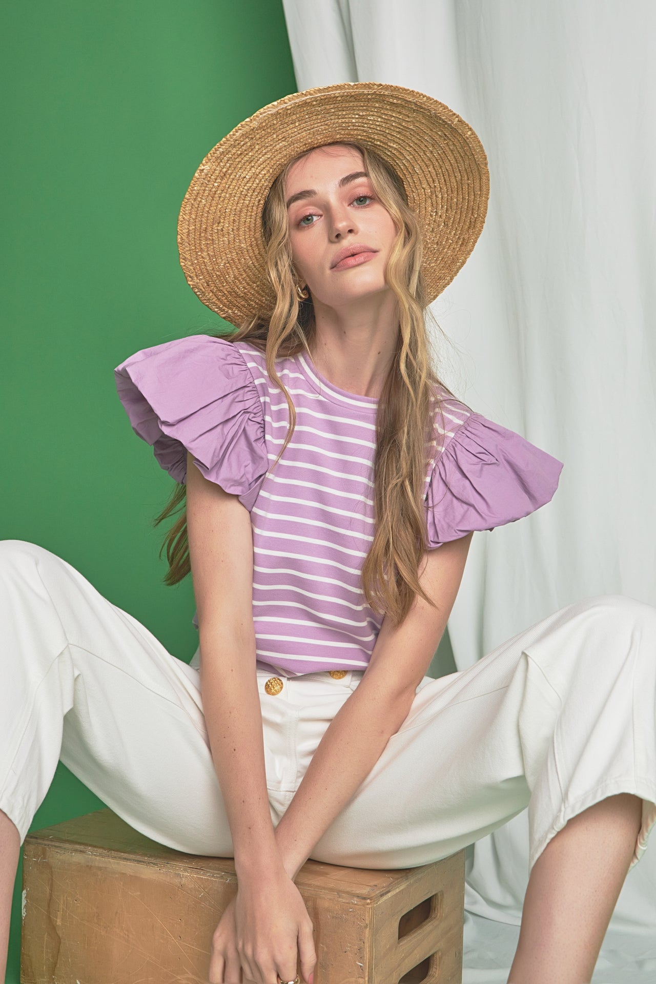 Striped Knit Poplin Puff Sleeve Top - Available from English Factory at shopenglishfactory.com