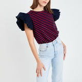 Stripe Knit with Poplin Puff Sleeve Top