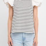 Stripe Knit with Poplin Puff Sleeve Top