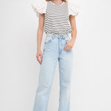 Stripe Knit with Poplin Puff Sleeve Top