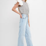 Stripe Knit with Poplin Puff Sleeve Top