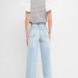 Stripe Knit with Poplin Puff Sleeve Top