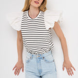 Stripe Knit with Poplin Puff Sleeve Top