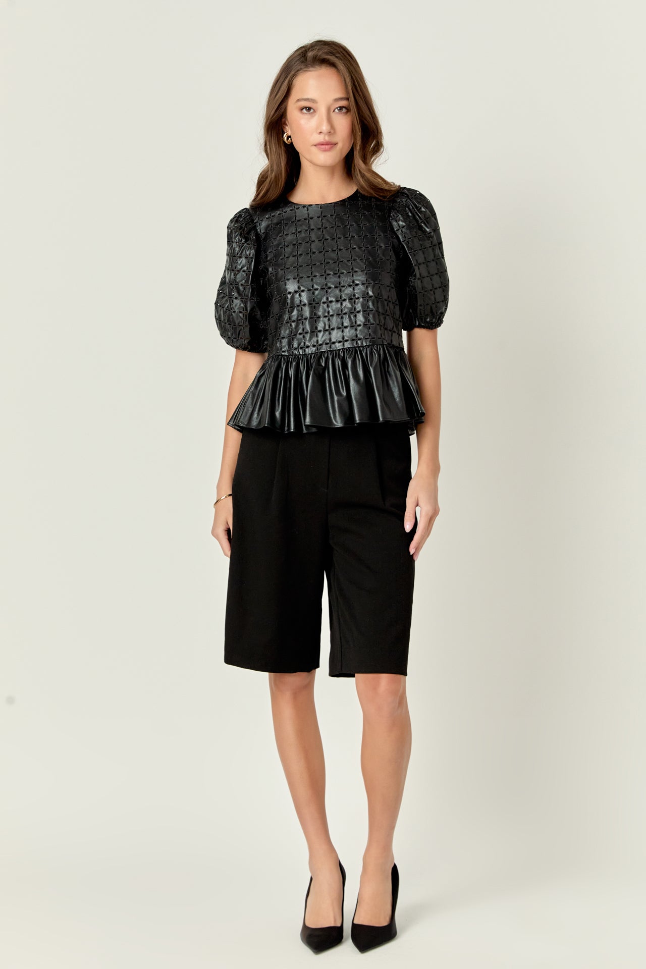 English Factory - Faux Leather Peplum Top Black / S English Factory - Faux Leather Peplum Top Black / S