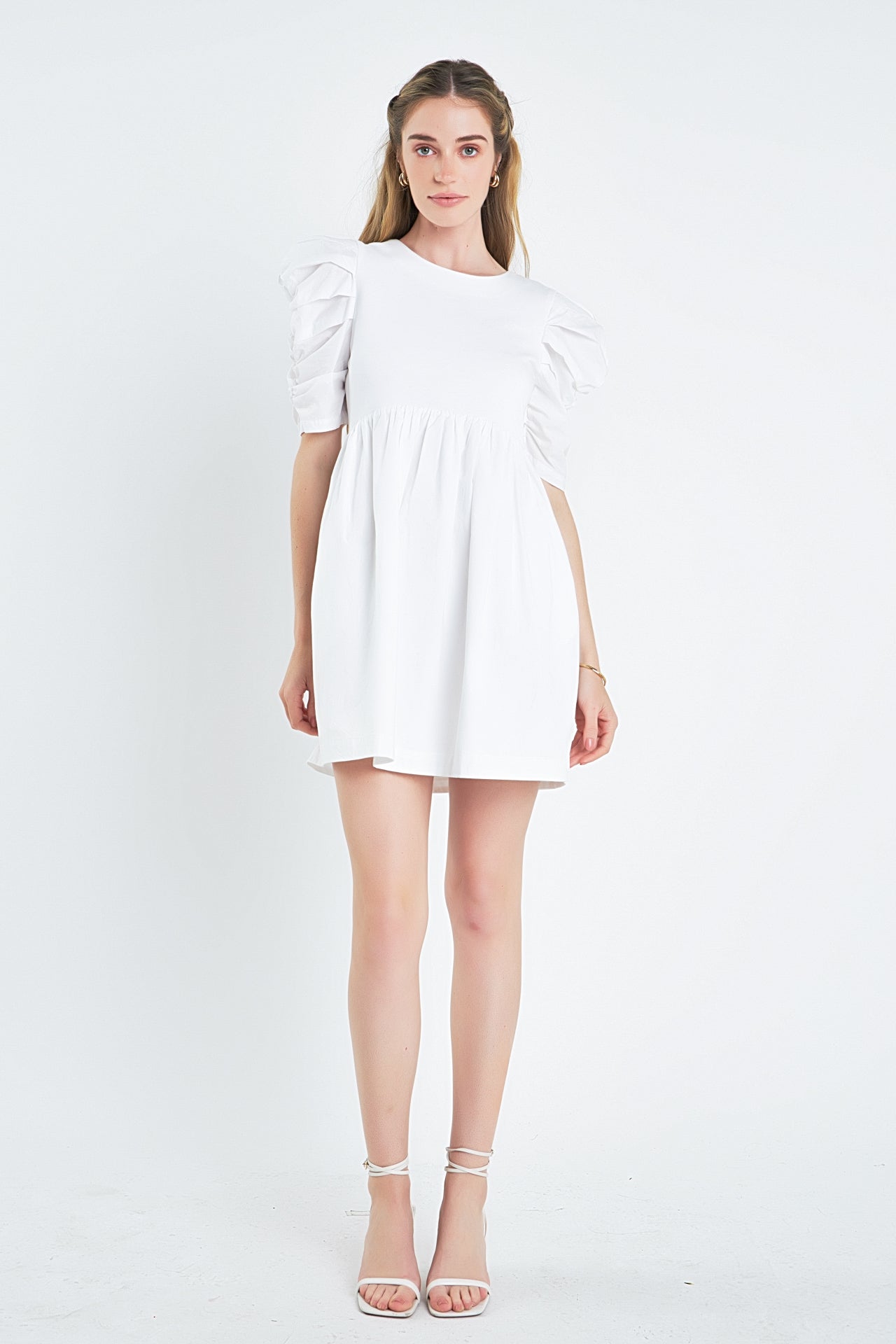 English Factory - Pleated Puff Sleeve Mini Dress White / L English Factory - Pleated Puff Sleeve Mini Dress White / L