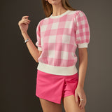 Gingham Puff Sleeve Knit Top