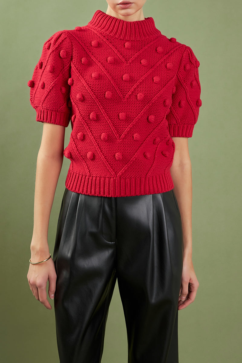 Pom-Pom Trim Mock Neck Long Sleeve Pullover Sweater