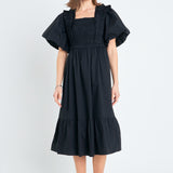 Puff Sleeve Square Neck Midi Dress