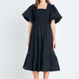 Puff Sleeve Square Neck Midi Dress