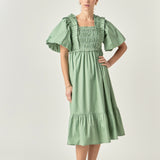 Puff Sleeve Square Neck Midi Dress