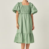 Puff Sleeve Square Neck Midi Dress