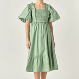 Puff Sleeve Square Neck Midi Dress