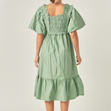 Puff Sleeve Square Neck Midi Dress