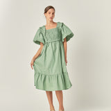 Puff Sleeve Square Neck Midi Dress