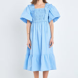 Puff Sleeve Square Neck Midi Dress