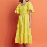Puff Sleeve Square Neck Midi Dress