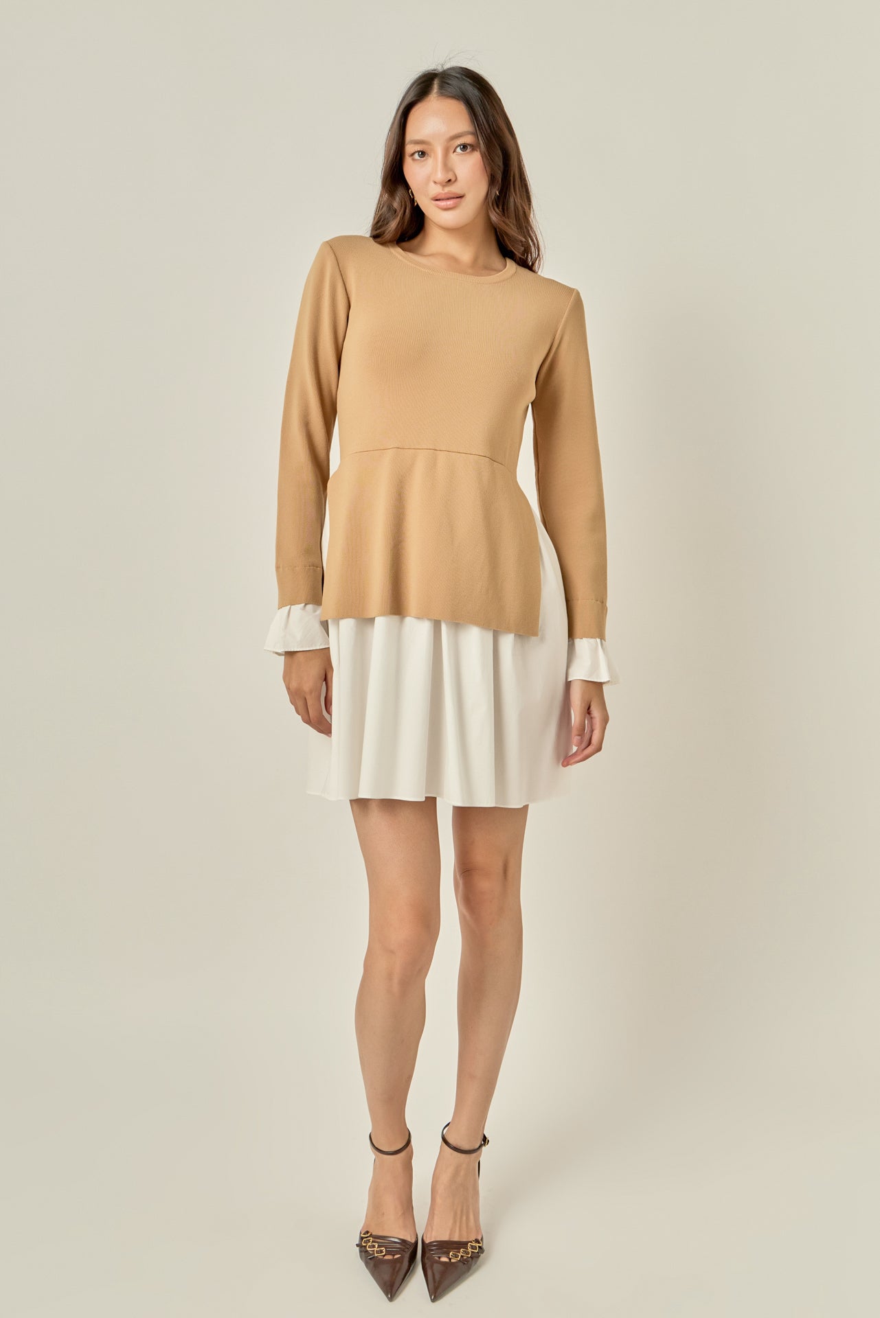 english factory long sleeve mini dress Women's Poplin Combo Knit Dress, Small Summer Dress for Women Damarielle Color:IVORY/WHITE Godet hem