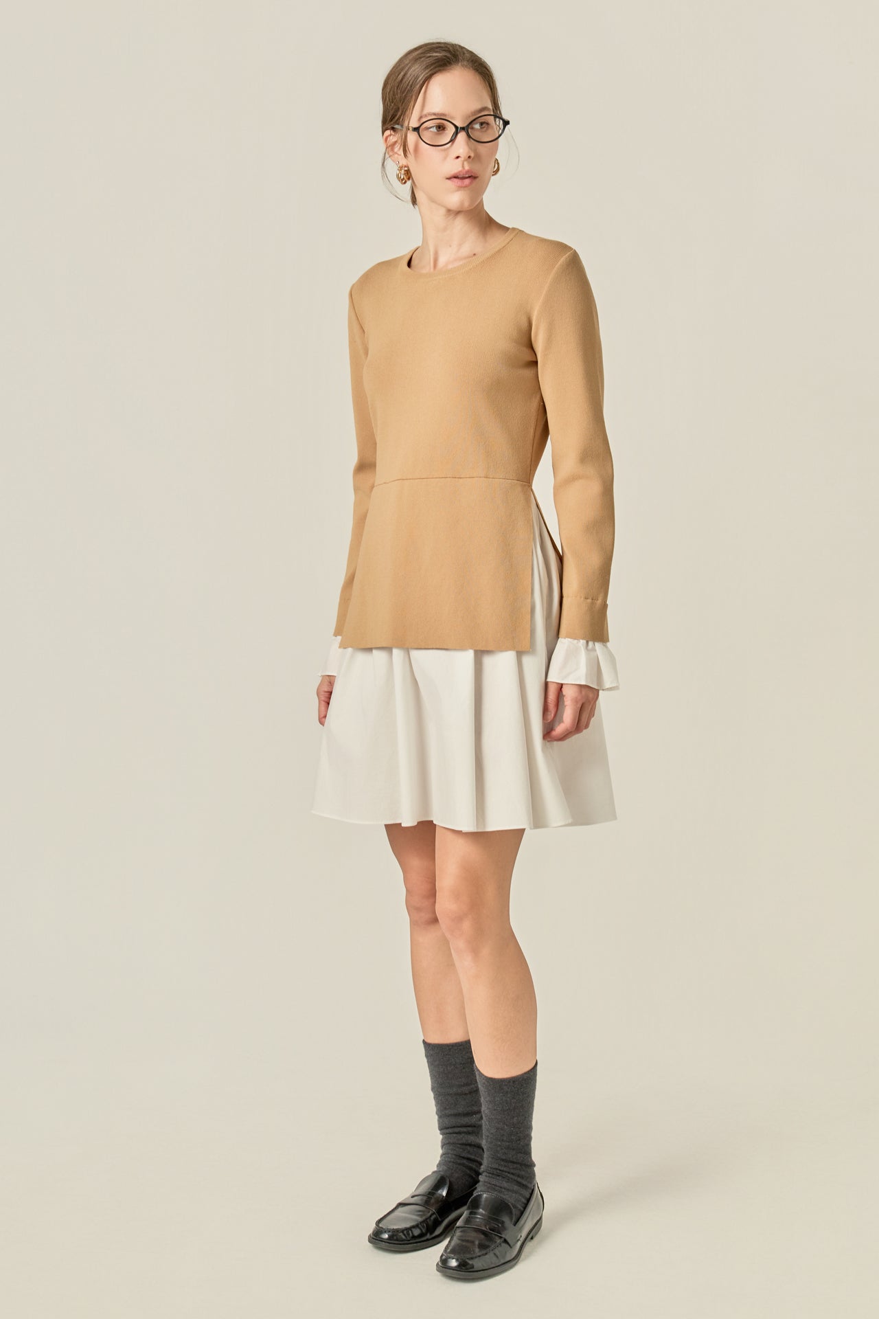 English Factory - Poplin Combo Knit Mini Dress TAN/WHITE / S English Factory - Poplin Combo Knit Mini Dress TAN/WHITE / S