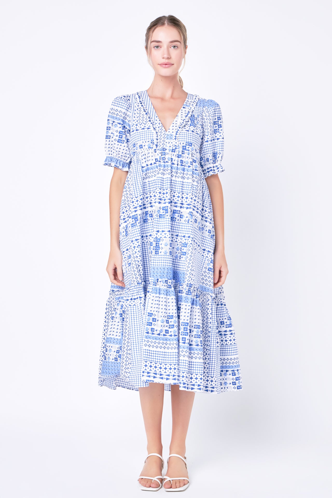 Geometric Print Tiered Midi Dress – English Factory