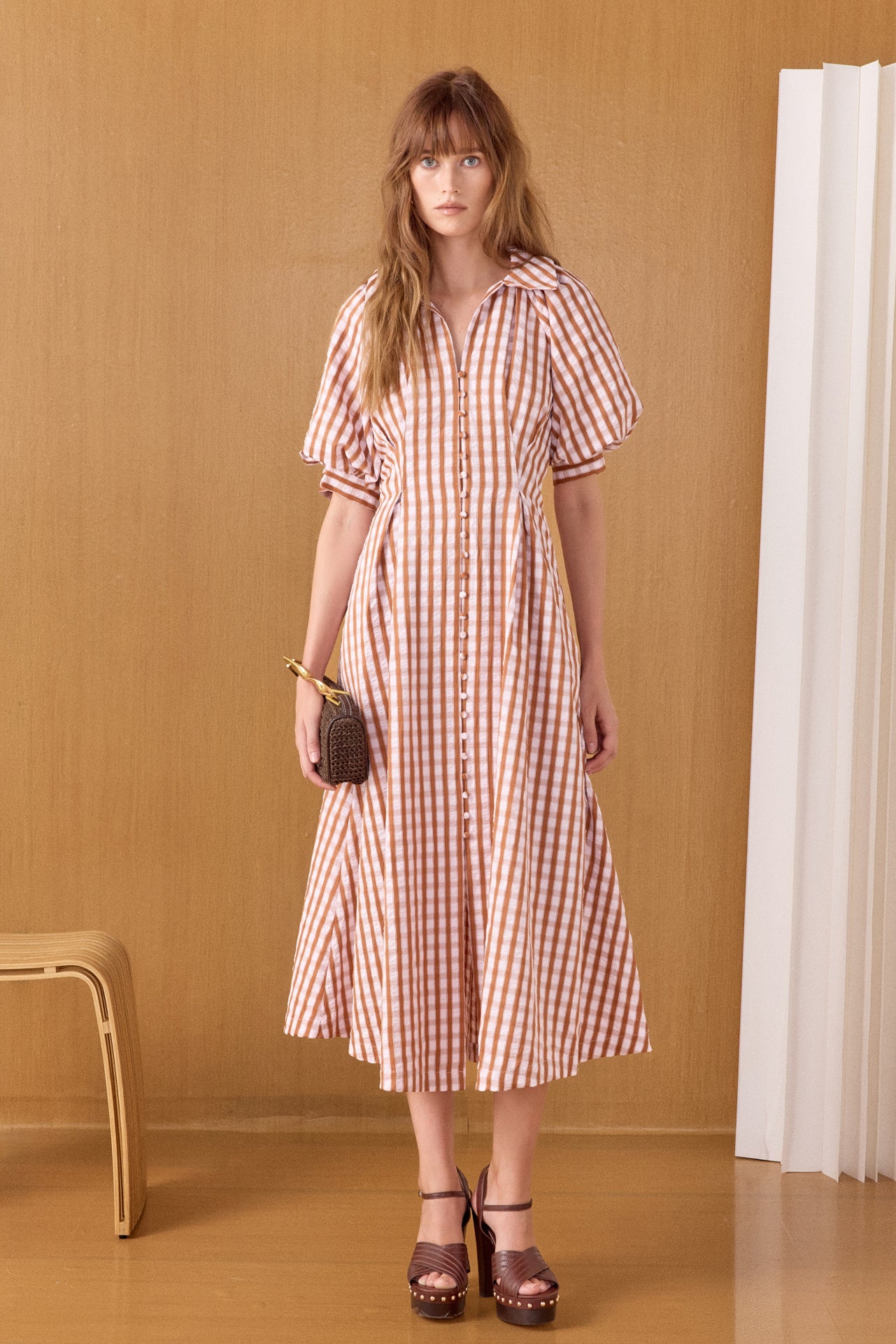 gingham dress Check Midi PINK MULTI / M Long sleeve Color:Taro standard cute dresses strapless Aston Crafted in a purple