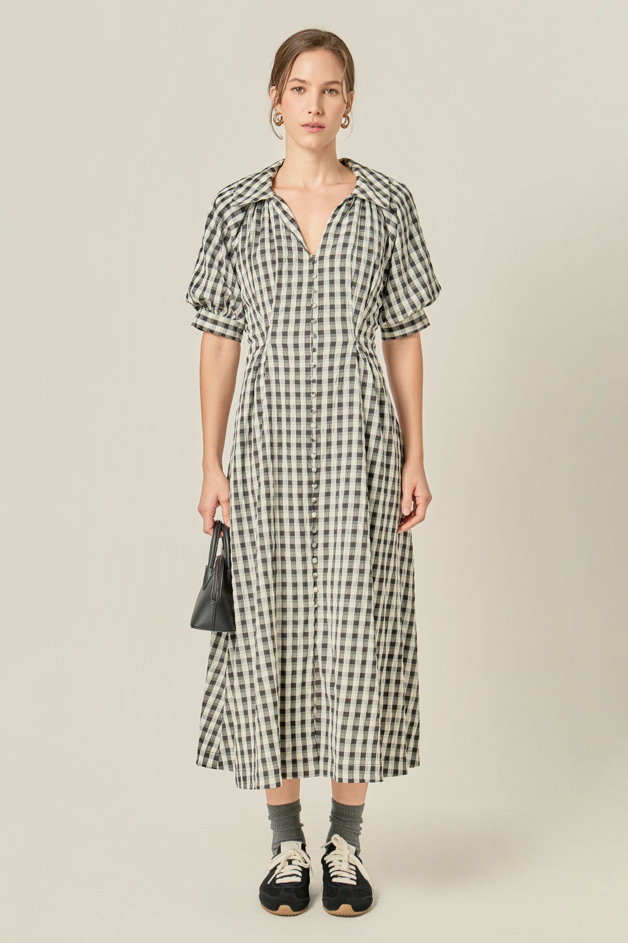 black and white puff sleeve dress Gingham / XS length skirt with a Jody Black Gap Pleated Mini Shirtdress Boyut:32
