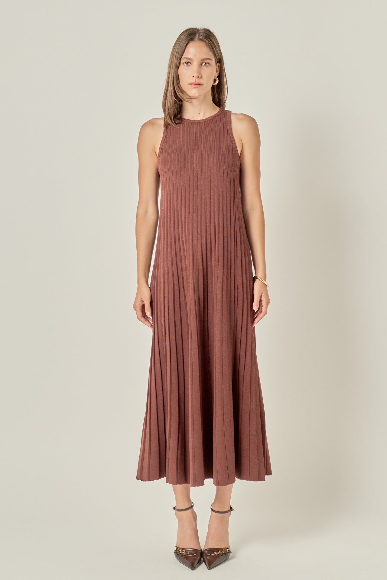 Pleated A-line Knit Midi Dress – English Factory
