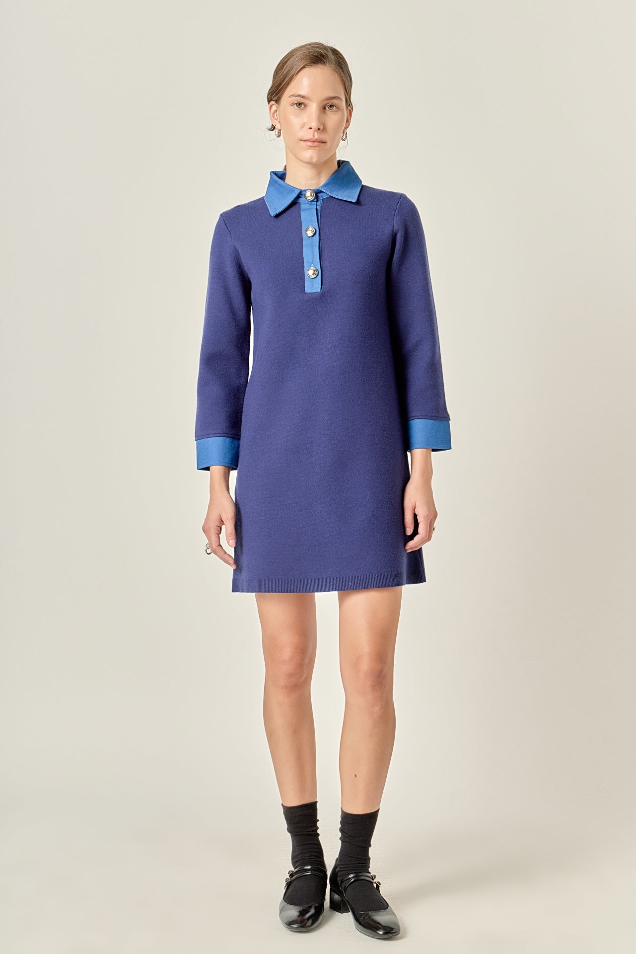English Factory Women's Mixed Media Knit Dress With Denim - Navy