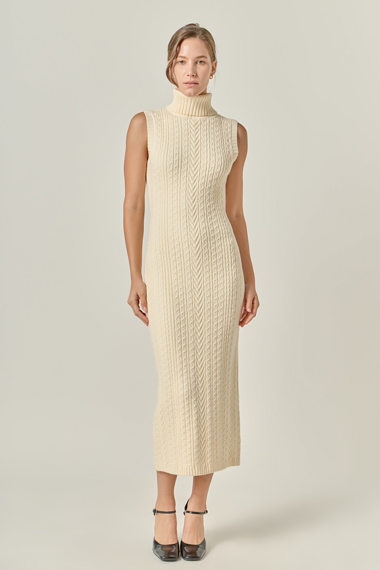English Factory Women's Cable Knit Mock Neck Midi Dress
