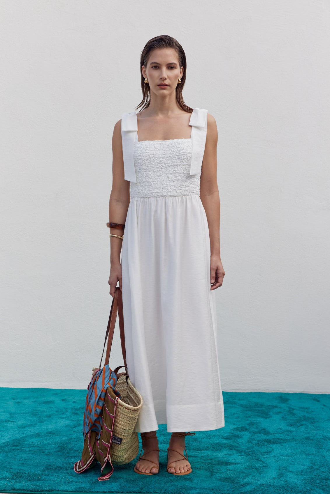 Smocked Bodice Bow Strap Midi Dress  English Factory
